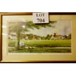 A framed and glazed coloured print depicting a cricket match 'Sunday Cricket' signed Terry Harrison