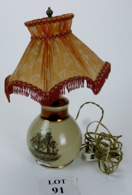 A Grays Pottery nautical lamp base with printed scene 'SHIP CAROLINE' and verse to verso est: