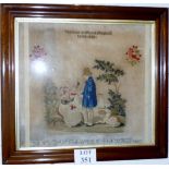 A fine rosewood framed and glazed sampler 'The Kind Shepherd Speaking to his Child' dated 1857 (56