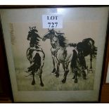 A framed and glazed Chinese print depicting three wild horses bears signature and stamp marks est: