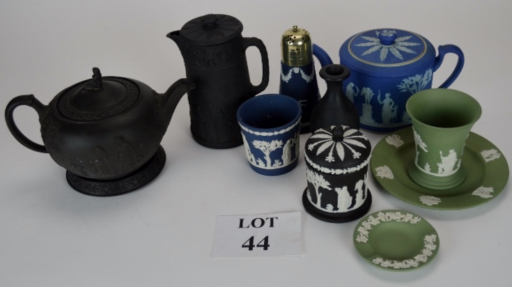 A collection of Wedgwood black basalt and Jasperware items to include teapots, vases,