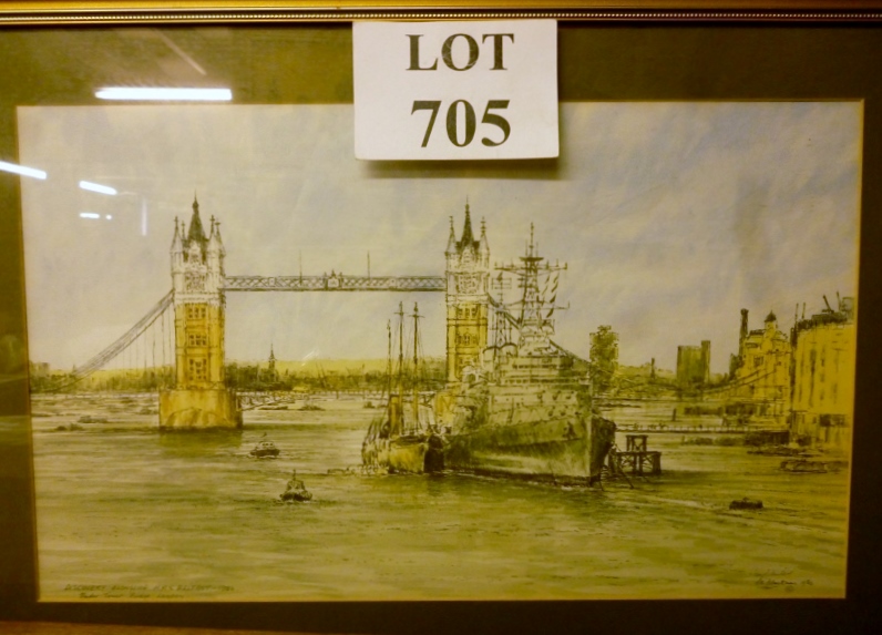 A framed and glazed pen and ink study of the 'Discovery Alongside HMS Belfast Under Tower Bridge