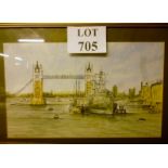 A framed and glazed pen and ink study of the 'Discovery Alongside HMS Belfast Under Tower Bridge