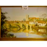 A framed 20c oil on canvas depicting a country village with bridge over river signed Harley