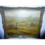 A 20c framed oil on canvas man out shooting with his gun dog unsigned (40 x 50 cm approx) est: