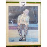 C Fryda - A framed and glazed lithograph clown sitting on a step signed C Fryda lower right est: