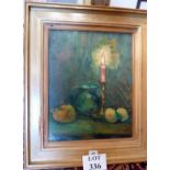 A framed oil on board still life, candle,