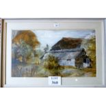 Ernest Greenwood - A framed and glazed oil on board study of farm buildings unsigned (38 x 68 cm