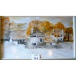 Ernest Greenwood - A framed and glazed oil on paper/board snowy farm buildings with geese unsigned