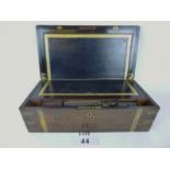 A large Victorian rosewood and brass bound writing box with engraved initials to plaque,