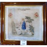 A fine rosewood framed and glazed sampler 'The Kind Shepherd Speaking to his Child' dated 1857 (56