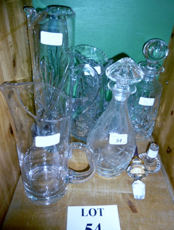 Five various jugs or decanters and various stoppers/swizzlers etc (one jug a/f) est: £25-£45 (B34)