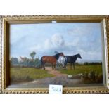 A 19c oil on canvas (re-lined) landscape scene with horsed signed JB Cook lower left (50 x 75 cm