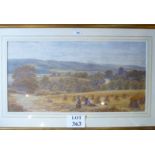 A framed and glazed watercolour workers harvesting a field signed mono SM (39 x 76 cm approx) est: