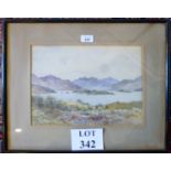 James Bayne - A framed and glazed watercolour mountainous landscape with cattle by a lake (25 x 35