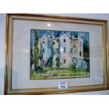 Denes GULYAS (20th century) - A framed and glazed watercolour depicting a chateau with horse and
