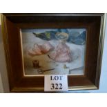 Bunty Miller (20c) - A framed oil on board still life doll, scissors,