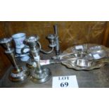 Three plated candlesticks and other plate to include a pair of salad servers and bowl and a pottery