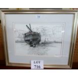 A framed and glazed charcoal drawing boat scene Hastings signed Clifford Bayley 79 (21" x 17"