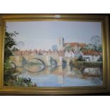 A framed 20c oil on canvas depicting the village 'Aylesford' with bridge over river signed Harley
