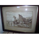 A framed and glazed watercolour study of a fisherman and their boats signed P Clingham lower right