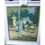 A framed oil on canvas 20c of a carriage scene (25" x 30" approx) est: £40-£60