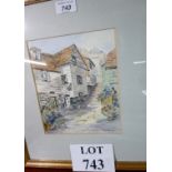 A framed and glazed etched watercolour of a Hastings scene by Jean Plouviez FRSA (13" x 15" approx)