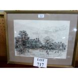 A framed and glazed drawing of a street scene signed & dated 1972 (20" x 15" approx) est: £15-£30