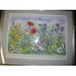 A framed and glazed watercolour study of various species of flowers and with key below signed