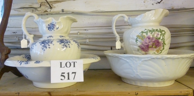 A blue and white toilet jug and bowl; an