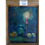 A framed oil on board still life, candle,