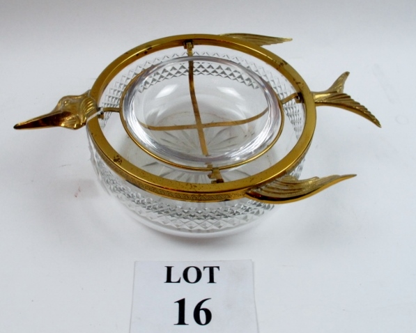 A gilt metal and cut glass caviar bowl modelled as a sturgeon,