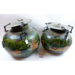 A pair of large Indian metal lidded 'Palace' pots painted with a tiger hunt scene (40 cm high