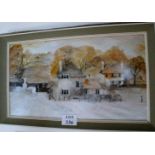 Ernest Greenwood - A framed and glazed oil on paper/board snowy farm buildings with geese unsigned