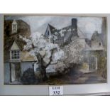 Ernest Greenwood - A framed and glazed oil on paper/board study of houses with blossom tree to