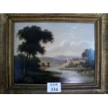 A fine 19c gilt framed oil on canvas (re-lined) landscape river scene with figures fishing beneath