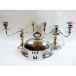 Two sets of silver plated candelabra and a silver plated dome est: £30-£50 (D3)