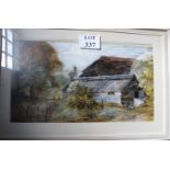 Ernest Greenwood - A framed and glazed oil on board study of farm buildings unsigned (38 x 68 cm