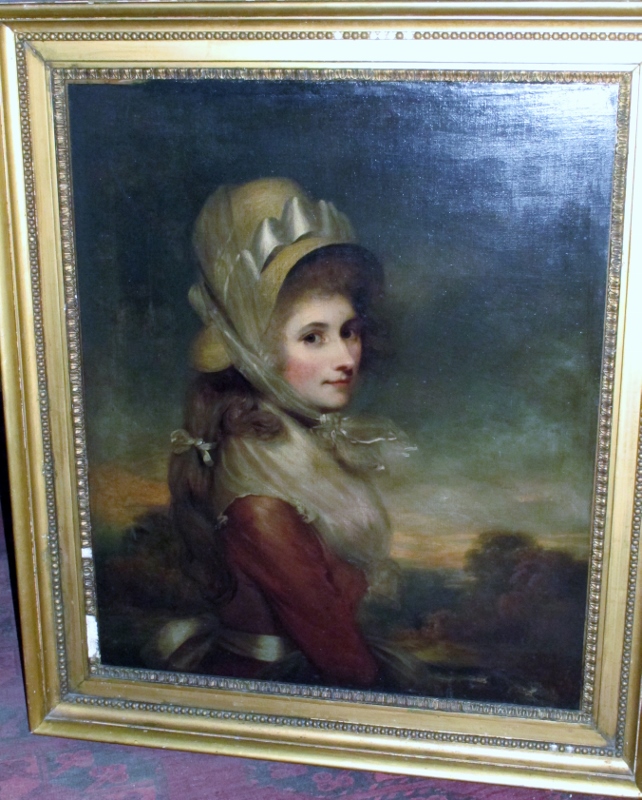 William Beechey (1753-1839) After - A gilt framed oil on canvas portrait of a girl in bonnet,