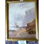 J Emerich (Dutch) 19c - A framed oil on canvas busy scene showing ship wrecked vessel being