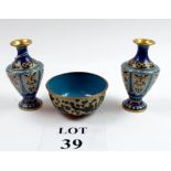 A pair of cloisonné vases and a bowl est