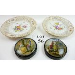 Two framed pot lids & two lattice ware c