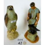 A large Bing & Grondahl pottery bird of prey figurine together with another figure 'the blacksmith'