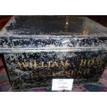 A late 19th century black painted metal deed box with gilt lettering 'William Box Gravesend 1876'