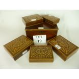 A set of five decorative marquetry boxes of varying sizes together with another pine box (6) est: