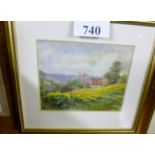 A framed and glazed watercolour study of a Tudor cottage set in a field of flower and trees in