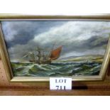A framed oil on canvas marine coastal scene unsigned bears label verso 'E.