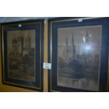 Two large etchings by Murray depicting views of cathedrals across rivers (68 x 46 cm approx each)