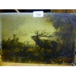 A small oil on panel country scene with stags and deer signed indistinctly lower left (22 x 32 cm