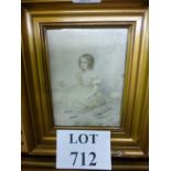 A small framed and glazed watercolour of a young girl dressed for an important occasion signed E